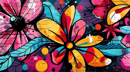 A colorful graffiti mural with flowers on a brick wall.