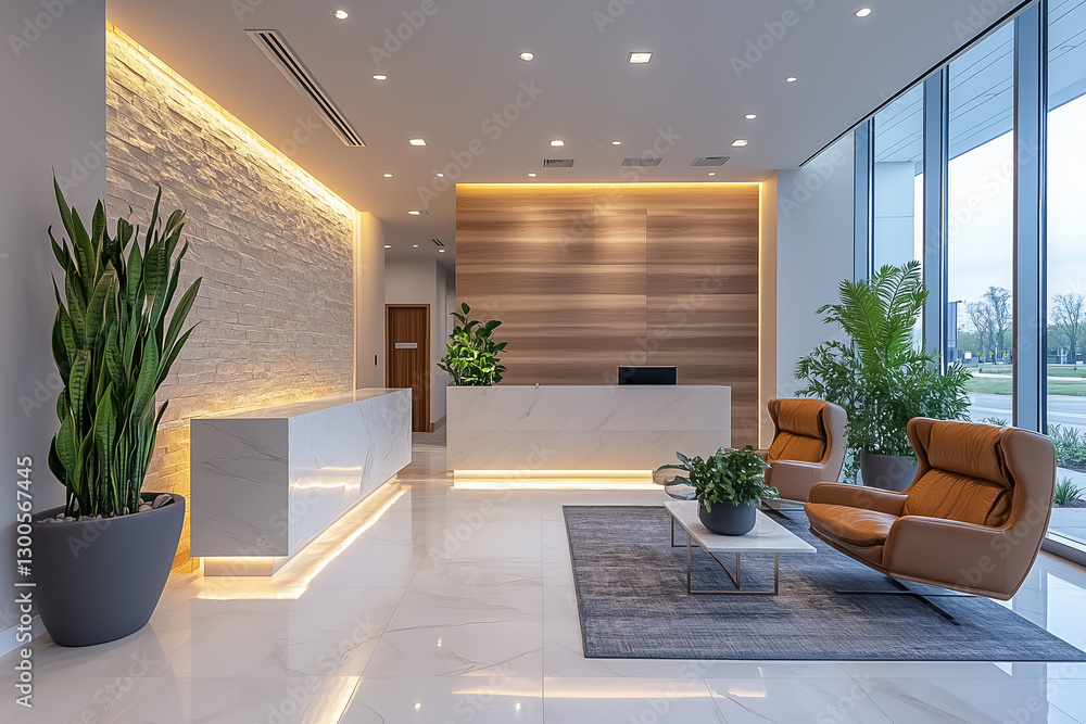 Poster this stylish reception area features a blend of natural elements and modern design, creating a welco