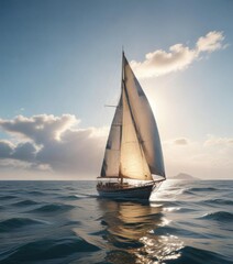 Sailing boat on calm sea with sail full of wind ,  wind,  sails