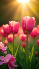 Pink tulips shining in the warm sunlight amidst other flowers, gardenia, field