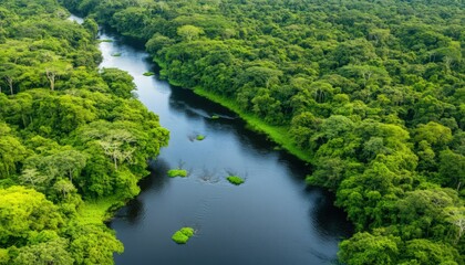 Aerial View of Lush Green Rainforest with Dark Winding River