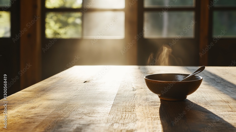 Aufkleber a simple ceramic bowl with a spoon rests on a wooden table, bathed in soft morning light, creating a