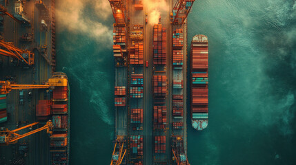 Drone-captured view of a global export factory, massive industrial storage zones, high-efficiency transportation routes, and autonomous shipment tracking