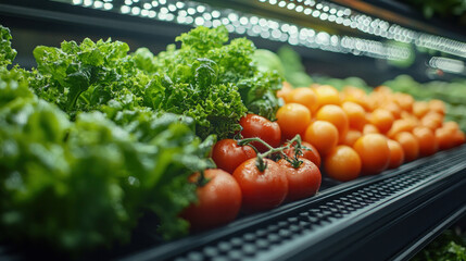 Eco-conscious organic farming facility, greenhouse-style factory processing fresh produce, sustainable vertical farming integrated with AI-powered automation