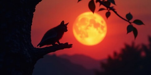 Bat perched on dark tree branch at sunset , tree, texture, shadows