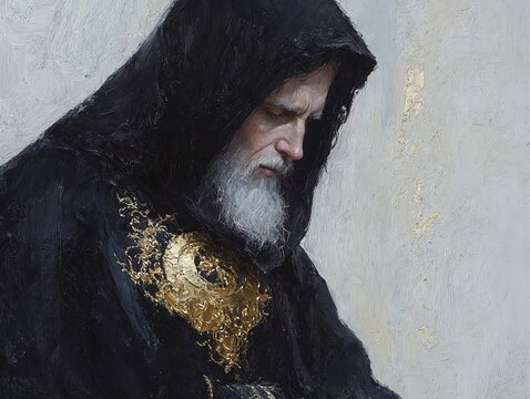 Un anciano con barba blanca viste una larga capa oscura, reflexionando en un ambiente sereno.