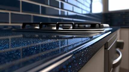 Kitchen Countertop and Stove with Blue Sparkling Design and Window Light Reflection Closeup