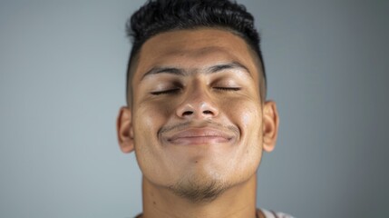 Obraz premium Man with shaved head and beard, smiling slightly, wearing a plain white shirt.