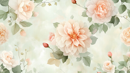 Floral pattern on white background, vintage wallpaper with large blue flowers and small leaves