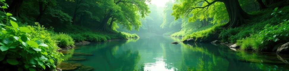 Obraz premium Lush greenery surrounding tranquil river waters, calm, foliage, flora