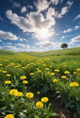 Fototapeta premium Bright yellow dandelions sway gently in a lush green field under a vast blue sky with few white clouds, blue sky, summer