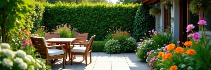 Obraz premium Lush greenery and colorful flowers surrounding a small wooden table on the garden patio, greenery, flowers, furniture