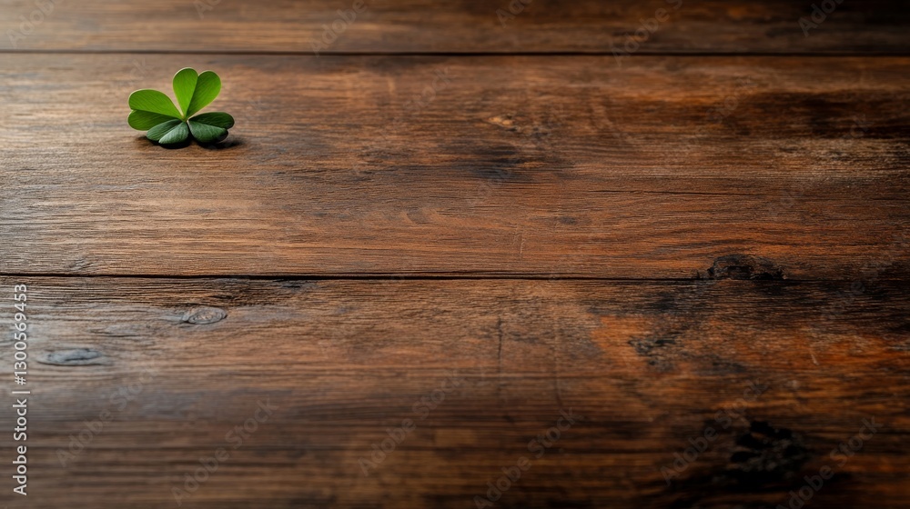 Aufkleber A delicate green clover rests on a weathered wooden board, highlighted by natural light, creating soft shadows and inviting warmth to the rustic setting