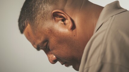 Obraz premium Man with bald head, turned downwards, looking intently at something below him.