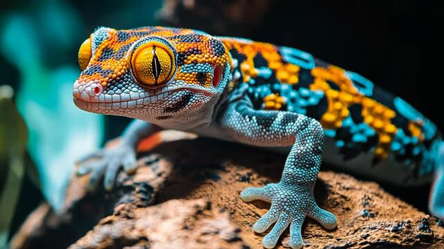 Colorful gecko perched on rocks in a vibrant habitat during daytime exploration