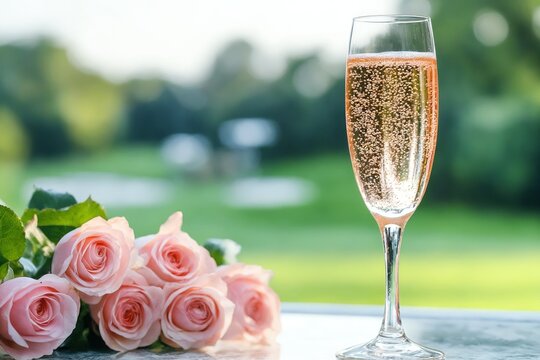 Fototapeta Brindis elegante con champán y rosas en un entorno natural.
