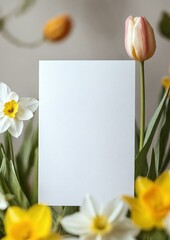 Un elegante lienzo en blanco rodeado de coloridas flores, listo para plasmar un mensaje especial.