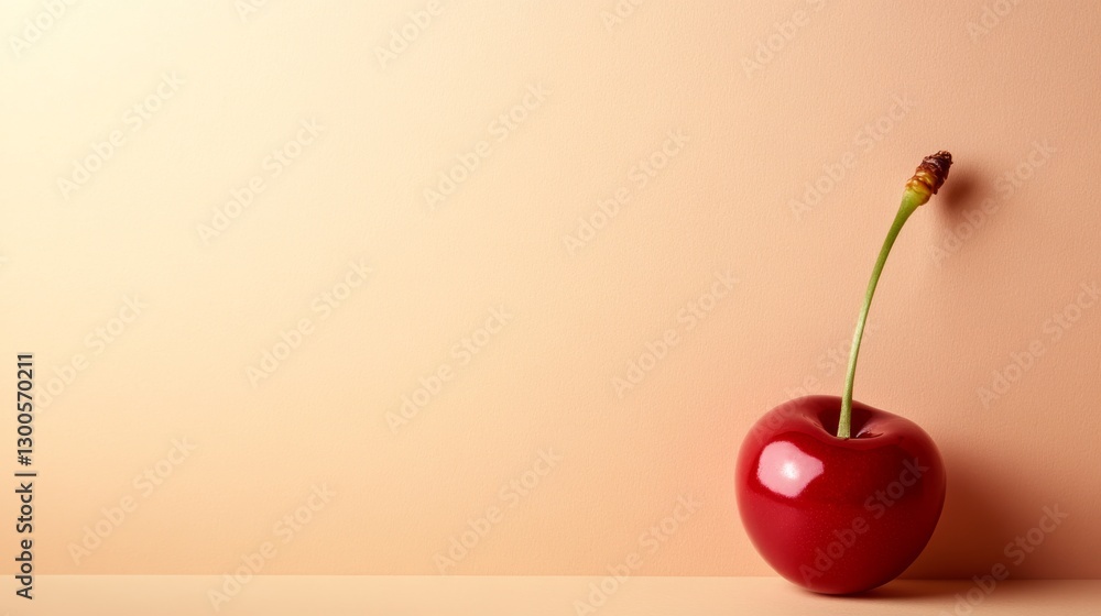 Poster A single cherry stands prominently with a vibrant red hue on a soft beige background, showcasing minimalist design and ample open space for creative use