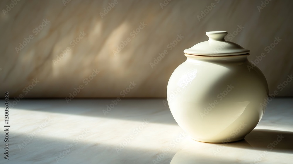 Poster A smooth white ceramic jar with a matching lid is placed on a textured marble countertop, highlighted by soft shadows that enhance the minimalist design