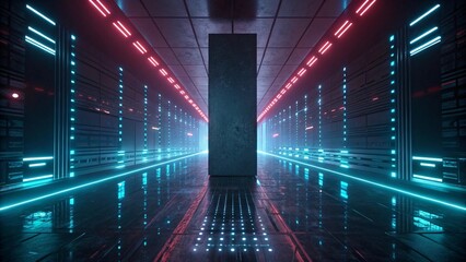 Futuristic Sci-Fi Corridor with Glowing Data Panels and Cyber Monolith