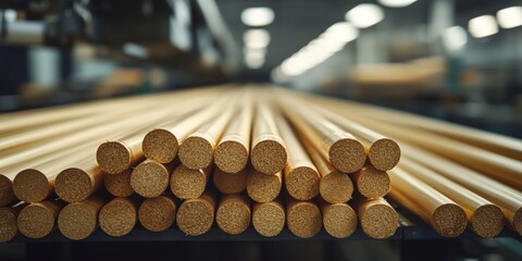 Naklejka premium Production line manufacturing wooden sticks, industrial wood processing in furniture factory