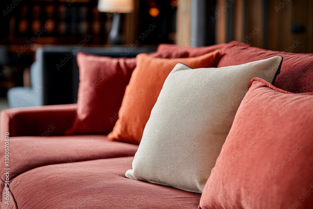 Poster soft-toned fabric sofa adorned with textured terra cotta and cream pillows invites relaxation in an 