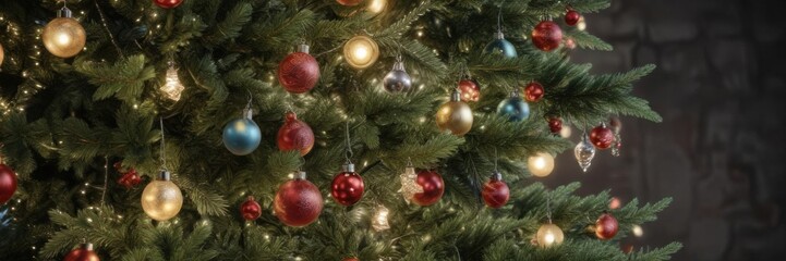 Fototapeta premium Decorated evergreen tree with lights and ornaments, evergreen, ornaments