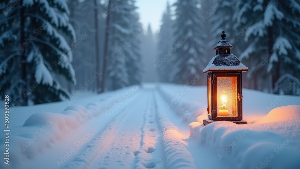 Poster small lantern is lit in the snow on a path, creating a warm and cozy atmosphere. the snow-covered gr