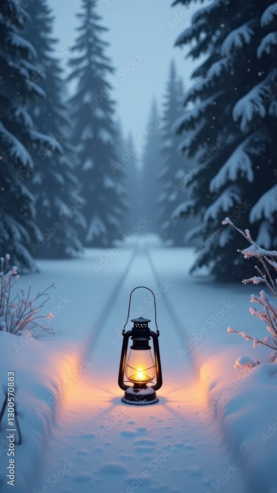 Poster lantern is lit up in the snow in front of a forest. the lantern is glowing and casting a warm light 