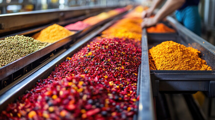 Exotic spice factory with vibrant saffron, vanilla, and rare peppercorns being processed, automated sorting ensuring premium quality, luxurious packaging design