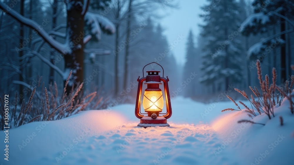 Poster red lantern is lit in the snow, creating a warm and cozy atmosphere. the lantern is placed on a path