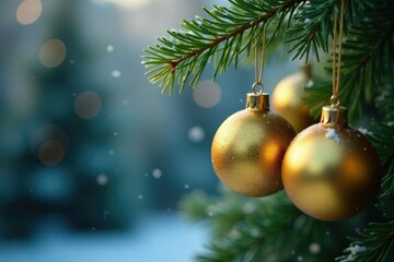 Golden ornaments hanging from a spruce branch, spruce, frosty, sparkling