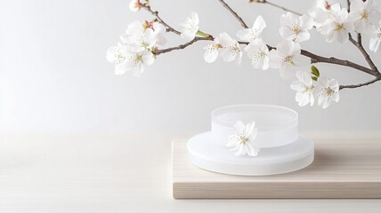 Elegant white flowers in minimalistic vase, delicate floral arrangement on wooden surface.
