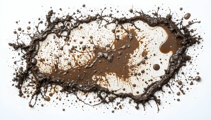 Wet mud, stains and water droplets texture with dry dirt isolated on white background, top view and clipping path
