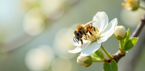 Busy bee on pristine white blossom, spring pollen , spring garden, blossom