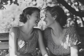 Best friends sharing laughter on rustic wooden bench with dappled sunlight and copy space