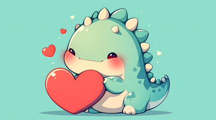 Obraz premium Cute cartoon dinosaur character holding a heart, set against a soft pastel background with floating hearts