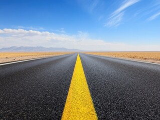 Endless Straight Road Under Clear Blue Sky in Remote Desert Landscape