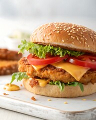 Close up of a delicious chicken burger with cheese, lettuce, and tomato.