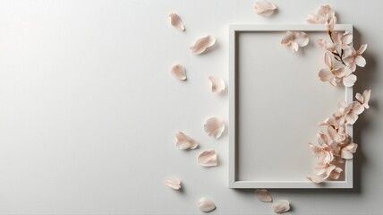 Elegant white frame with delicate pink petals creates a minimalist artistic design on a light background.