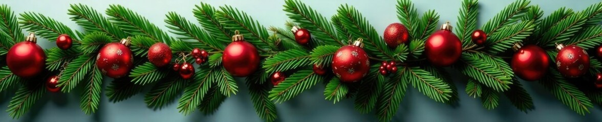 Fresh greenery garland with red ornaments intertwined with pine needles, festive, winter, garland