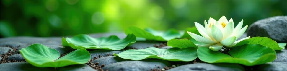 Obraz premium Fresh green lotus leaves scattered on a stone surface, leafy, nature, stones