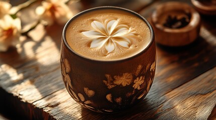 Beautifully crafted latte art in a rustic wooden setting surrounded by delicate flowers