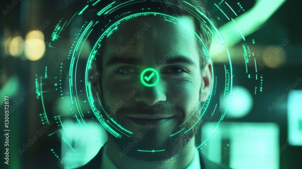 Poster futuristic facial recognition technology scanning and verifying the identity of a businessman, with 