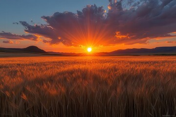 Fototapeta premium a majestic sunset bathes golden wheat fields in warm light dramatic clouds painted in vibrant oranges and purples rays of sunlight streaming through creating long shadows