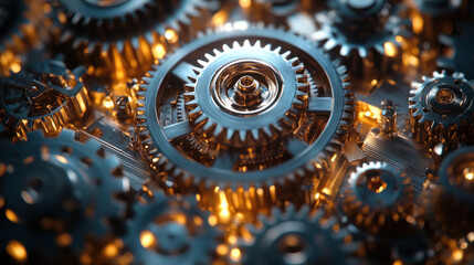 Gear mechanism background, close-up of interlocking steel gears, intricate mechanical cogs in motion, metallic textures with soft industrial lighting