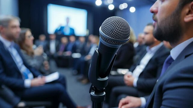 Professionals engage in discussion at a conference with a microphone in the foreground during an informative session