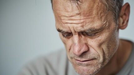 Obraz premium Man looking down, possibly deep in thought or tired.