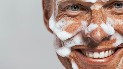 Naklejka premium This is an image of a smiling middle-aged man with a lathered face, presumably from washing his hands or face.
