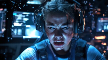 An engaged trainee with an intense expression headset securely in place immersing themselves in a lifelike training scenario. The background features large screens displaying performance